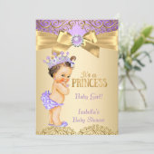 Lila Gold Damask Princess Baby Dusche Brünett Einladung (Stehend Vorderseite)