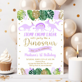 Lila Gold Dinosaur Girl Geburtstag Einladung