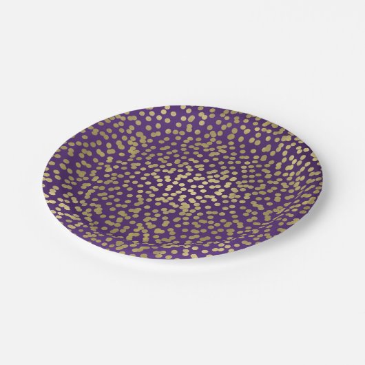 Lila & Gold Dots Confetti Elegantes Glam Pappteller (Schrägansicht)