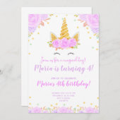 Lila Gold Einhorn-Gesicht Blumenkohl-Kindergeburts Einladung (Vorne/Hinten)