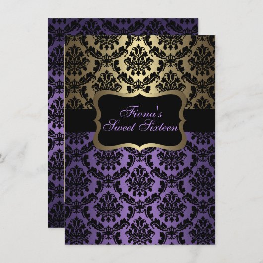 Lila & Gold Elegante Damask Geburtstag Einladung (Vorne/Hinten)