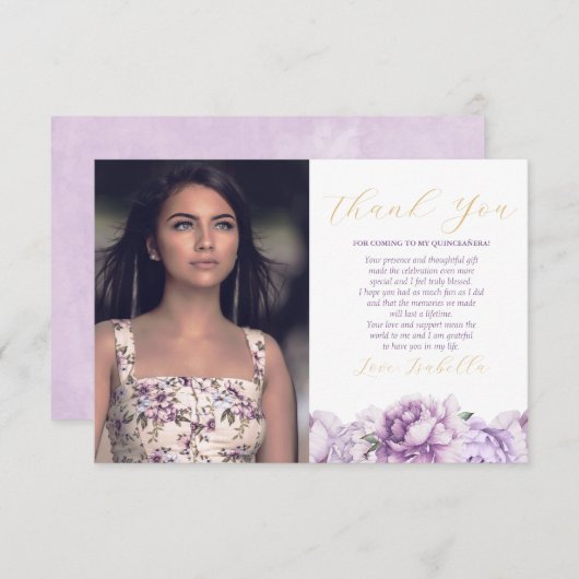 Lila & Gold Elegantes Foto Quinceñera Dankeskarte (Vorne/Hinten)