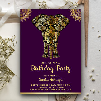 Lila Gold Elephant Indian Birthday Party Einladung