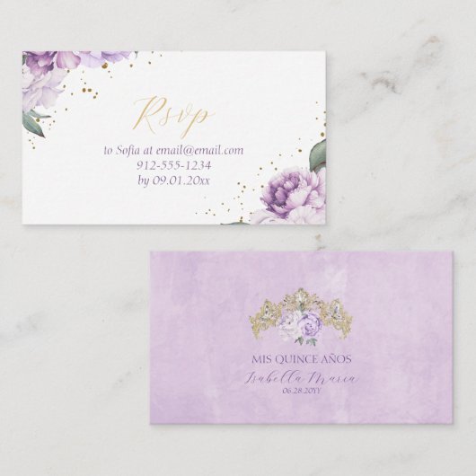 Lila & Gold Floral Elegante Quinceñera UAWG Begleitkarte (Vorne/Hinten)