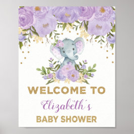 Lila Gold Floral Elephant Baby Dusche Willkommen Poster