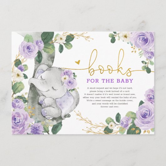 Lila Gold Floral Elephant Books für Baby Girl Begleitkarte (Vorderseite)