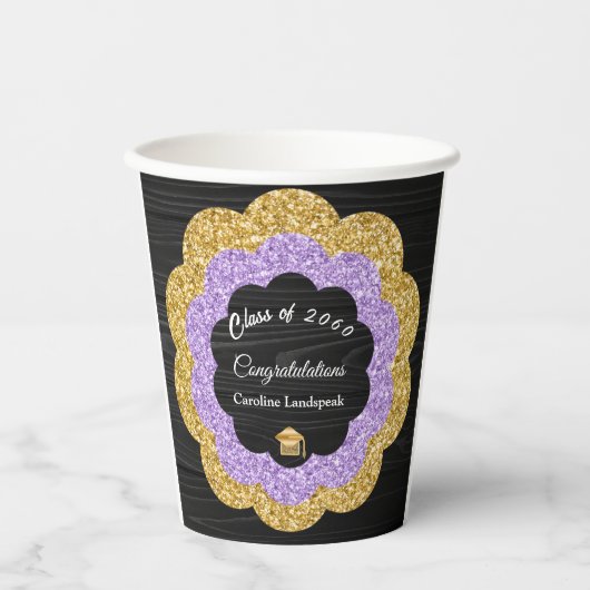 Lila Gold Floral Graduation Party Pappbecher (Vorderseite)