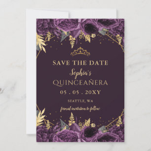 Lila Gold Floral Quinceñera Save the Date Ankündigung