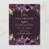 Lila Gold Floral Quinceñera Save the Date Ankündigungspostkarte (Vorderseite)