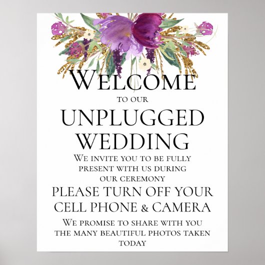 Lila Gold Floral Unplugged Wedding Ceremony Sign Poster (Vorne)