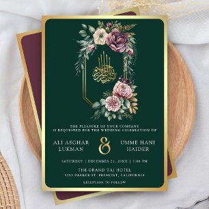 Lila Gold Floral Wappen Emerald Muslim Hochzeit Einladung