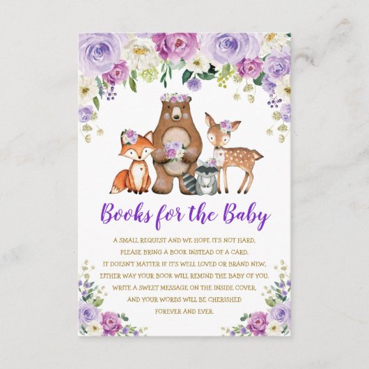 Lila Gold Floral Woodland Tiere Bücher für Baby Begleitkarte (Vorderseite)