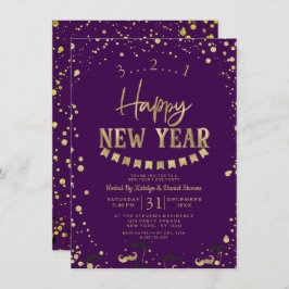 Lila & Gold Foil Confetti Silvester Party Einladung