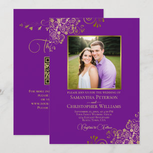 Lila & Gold Foto & QR-Code Edle Hochzeit Einladung