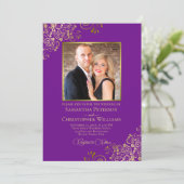 Lila & Gold Foto & QR Code Extravagant Hochzeit Einladung (Stehend Vorderseite)