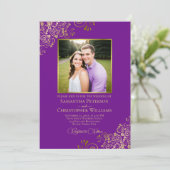 Lila & Gold Foto & QR Code Extravagant Hochzeit Einladung (Stehend Vorderseite)