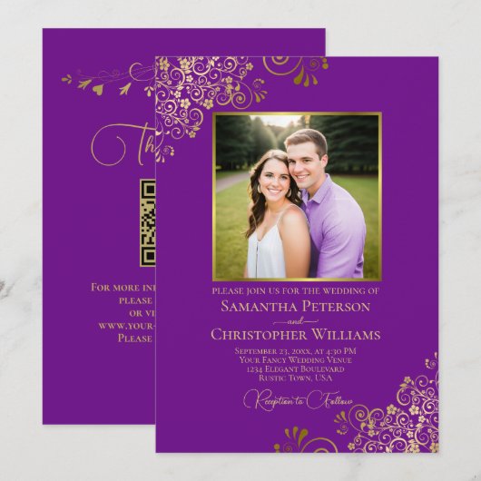 Lila & Gold Foto & QR Code Extravagant Hochzeit Einladung (Vorne/Hinten)