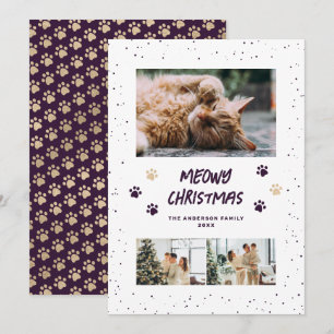 Lila Gold Foto Schnee Pfoten Meowy Weihnachtskarte Feiertagskarte