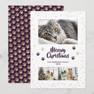 Lila Gold Foto Schnee Pfoten Meowy Weihnachtskarte Feiertagskarte