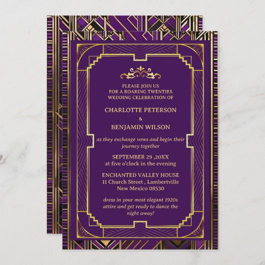Lila & Gold Gatsby Art Deco 1920er Hochzeit Einladung (Vorne/Hinten)
