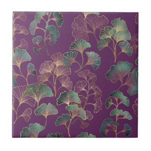 Lila Gold Ginkgo Japanisches Botanisches Muster Fliese