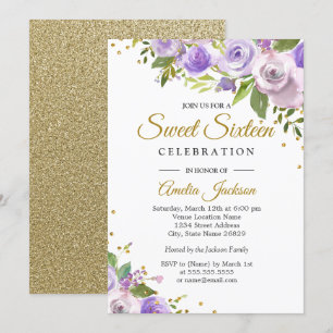 Lila Gold Glanz Blumen Sweet Sixteen Einladung