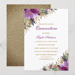 Lila Gold Glitter Amethyst Florales Quinceanera-Kl Einladung