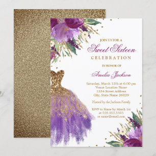 Lila Gold Glitter Amethyst Kleid Sweet Sixteen Einladung