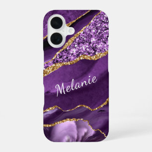 Lila Gold Glitter iPhone-Hülle mit individuellem N iPhone 16 Hülle