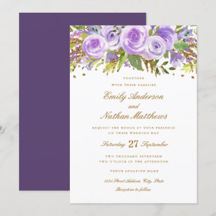 Lila Gold Glitter Wasserfarbe Florale Rose Hochzei Einladung