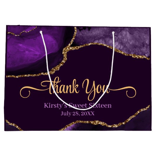 Lila & Gold Glitzer Agate Sweet 16 Vielen Dank Große Geschenktüte (Rückseite)