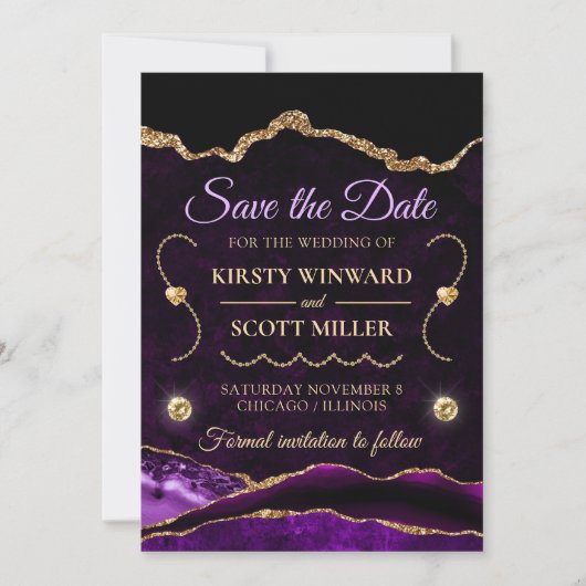 Lila Gold Glitzer Agate und Marmor Save the Date Einladung (Vorderseite)