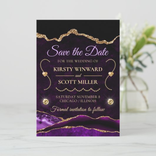 Lila Gold Glitzer Agate und Marmor Save the Date Einladung (Stehend Vorderseite)