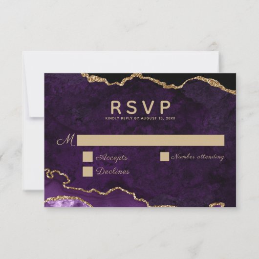 Lila Gold Glitzer Agate Wedding RSVP Karte (Vorderseite)
