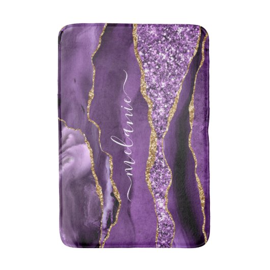 Lila Gold Glitzer Badematte mit Individuelle Name (Vorderseite Vertikal)