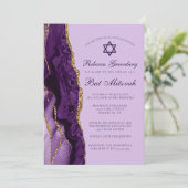 Lila Gold Glitzer Bat Mitzvah Party Einladung (Stehend Vorderseite)
