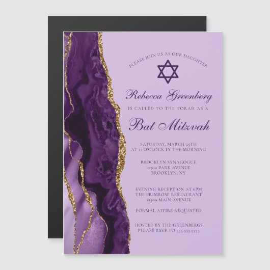 Lila Gold Glitzer Bat Mitzvah Party Magneteinladung (Vorne/Hinten)
