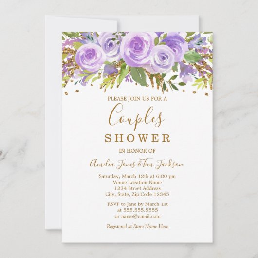 Lila Gold Glitzer Blumen Rose Paare Dusche Einladung (Vorderseite)