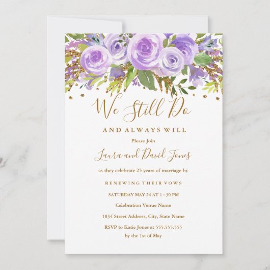 Lila Gold Glitzer Blumenstrauß Rose Einladung (Vorderseite)