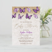 Lila Gold Glitzer Butterfly Baby Dusche Einladung (Stehend Vorderseite)