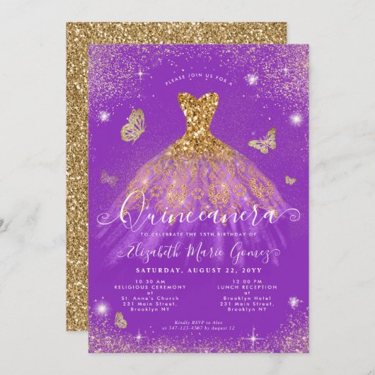 Lila Gold Glitzer Butterfly Gourmet Quinceanera Einladung (Vorne/Hinten)