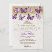 Lila Gold Glitzer Butterfly Quinceñera Einladung (Vorderseite)