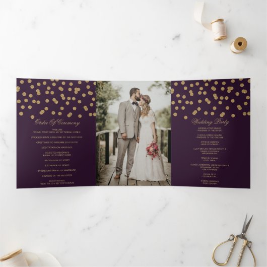 Lila Gold Glitzer Confetti Foto Wedding Dreifach-gefaltete Programmkarte (Innenseite)