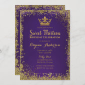 Lila & Gold Glitzer Crown Sweet 13 Party Einladung (Vorne/Hinten)