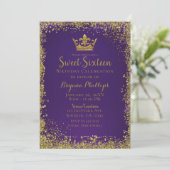 Lila & Gold Glitzer Crown Sweet 16 Party Einladung (Stehend Vorderseite)