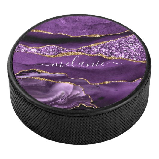 Lila Gold Glitzer Individuelle Name Hockey Puck (3/4)