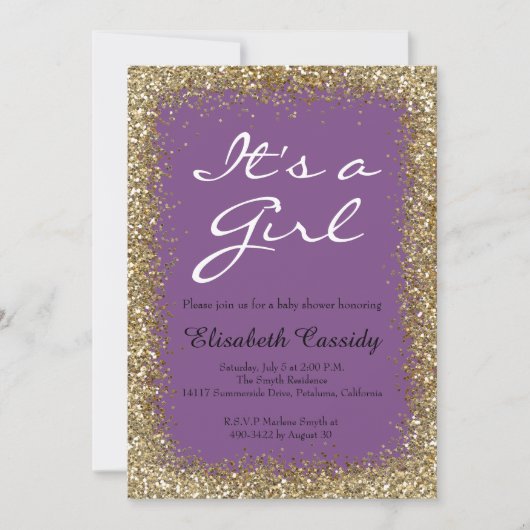 Lila & Gold Glitzer Kinderdusche Einladung (Vorderseite)