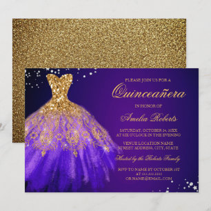 Lila Gold Glitzer Kleid Quinceanera Einladung