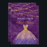 Lila/Gold Glitzer Kleid Sweet 16 Einladung<br><div class="desc">LILA FUNKELND GOLD GLITZER DRESS SWEET 16 INVITATION mit einem üppig lila Hintergrund mit goldenen Saitenleuchten und prächtigem Gold und lila Diamantballkorn. Mit unserem einfach zu bedienenden Designwerkzeug personalisieren Sie Ihre Einladung ganz einfach. Schriftart & Schriftart können mit der Option "Weitere Anpassung" im Designwerkzeug geändert werden. Wenn Sie Hilfe bei...</div>