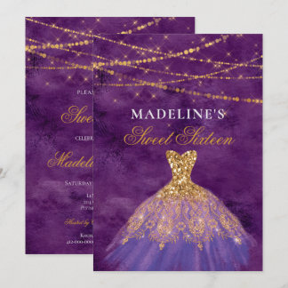 Lila/Gold Glitzer Kleid Sweet 16 Einladung